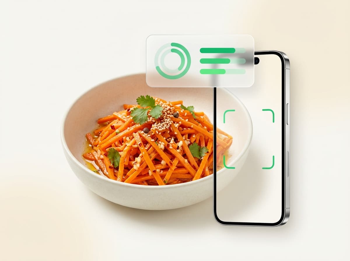 Морковь по‑корейски — фото блюда и интерфейс приложения с КБЖУ