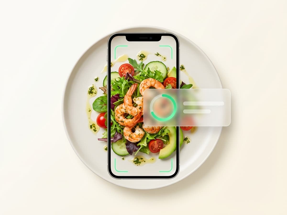 Салат с креветками — фото блюда и интерфейс приложения с КБЖУ