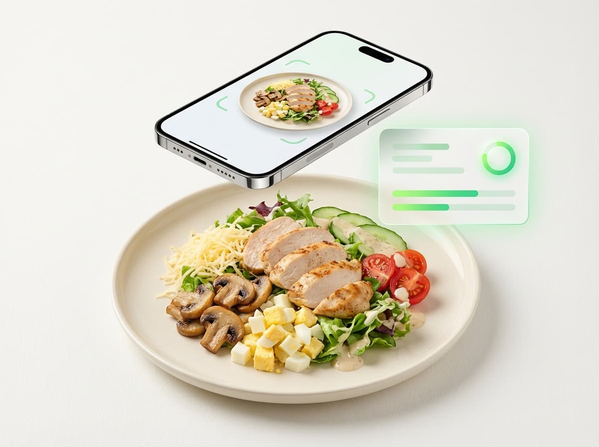 Салат с курицей и грибами — фото блюда и интерфейс приложения с КБЖУ