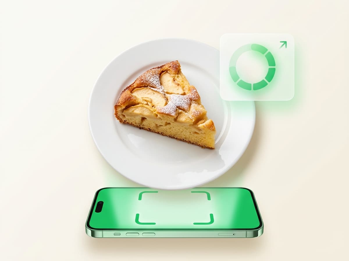 Шарлотка — фото блюда и интерфейс приложения с КБЖУ