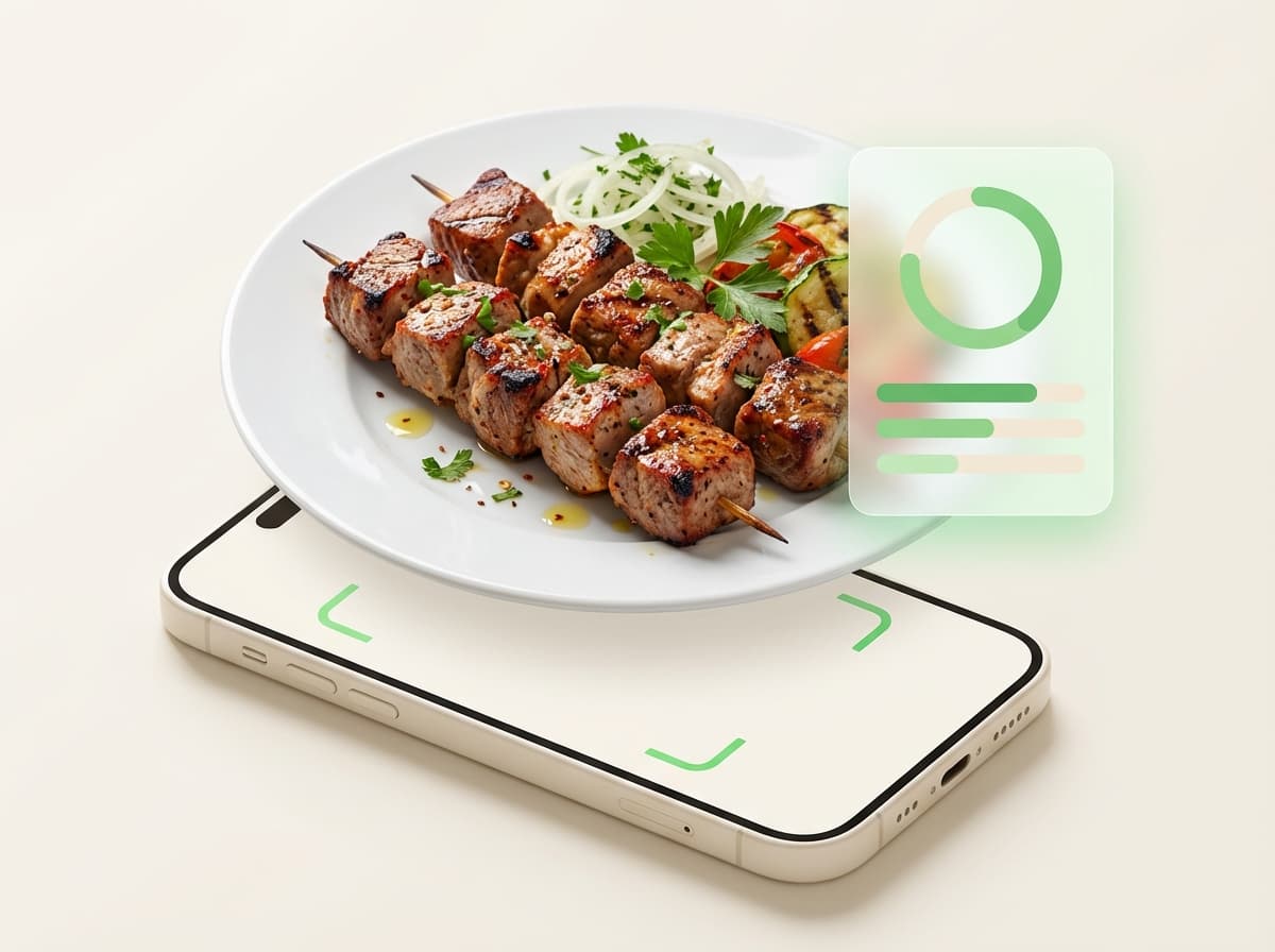 Шашлык (свинина) — фото блюда и интерфейс приложения с КБЖУ