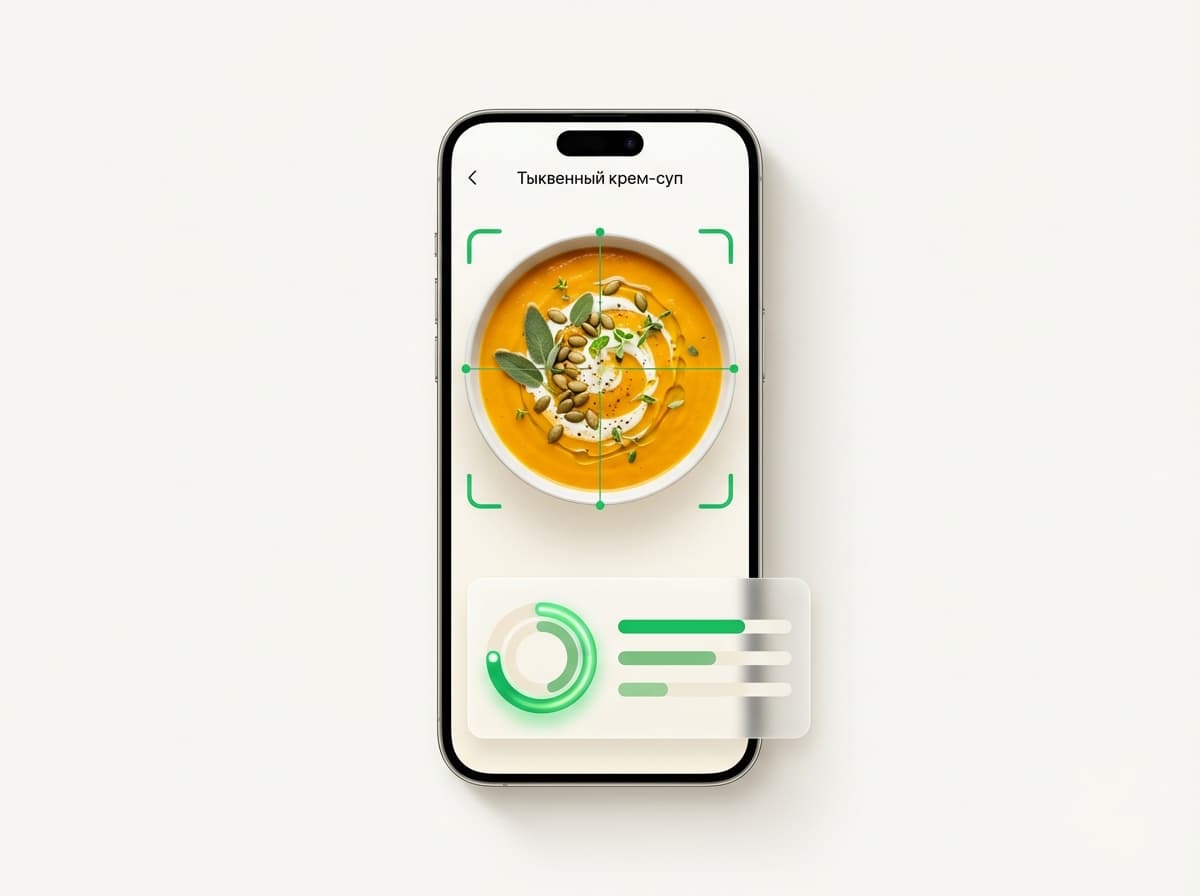 Тыквенный крем‑суп — фото блюда и интерфейс приложения с КБЖУ