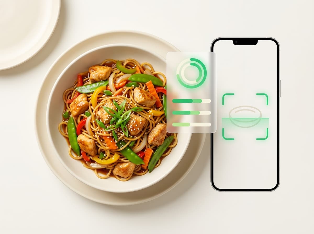 Лапша вок с курицей — фото блюда и интерфейс приложения с КБЖУ