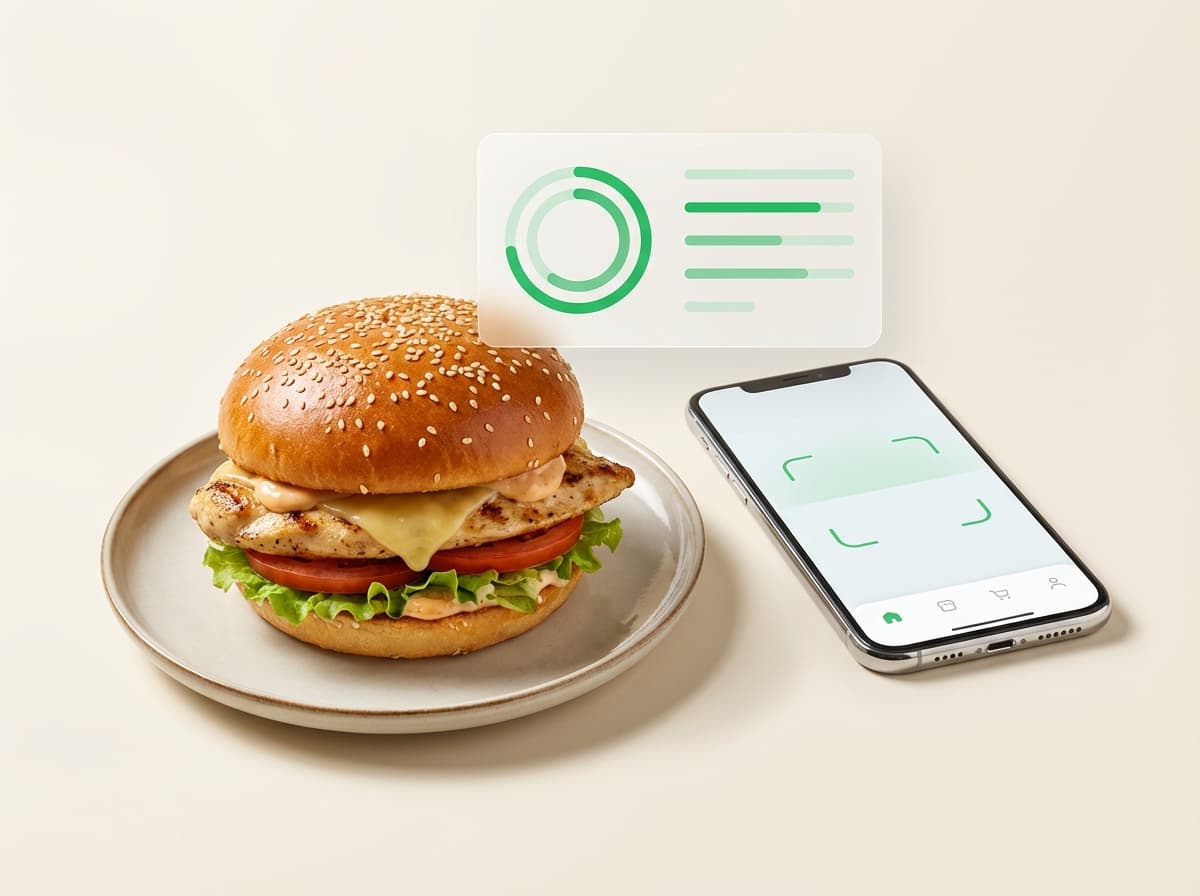 Чикен бургер — иллюстрация и интерфейс приложения с КБЖУ